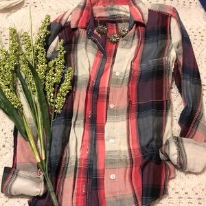 Plaid shirt with embroidered stitching on top